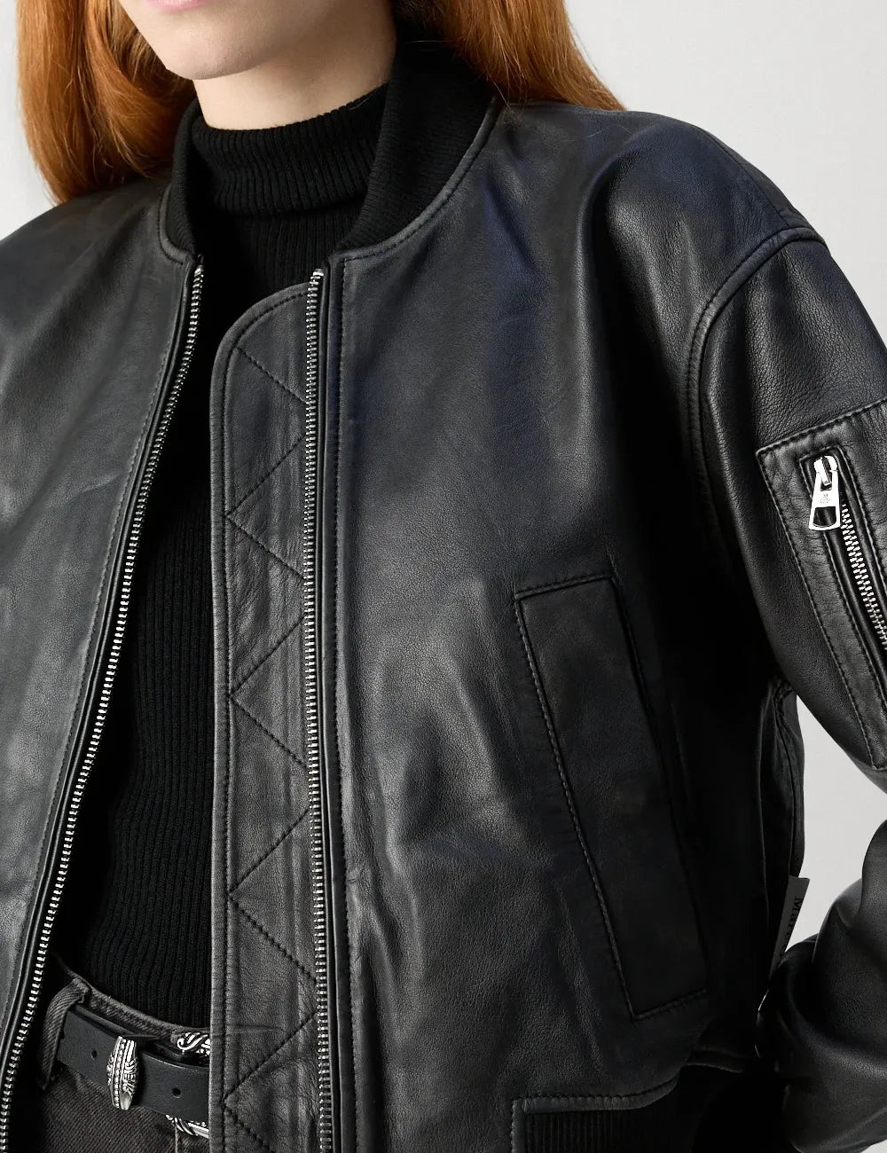 Women's Retro Polo Black Cropped Aviator Bomber Leather Jacket