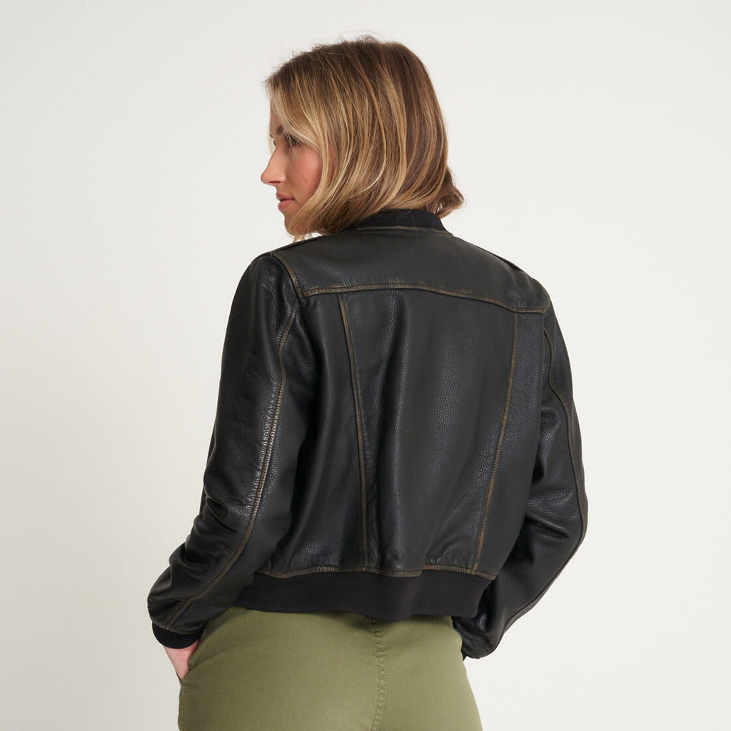 Women’s Ribbed Cuffs Cropped Washed Leather Bomber Jacket