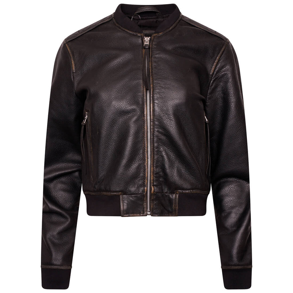 Women’s Ribbed Cuffs Cropped Washed Leather Bomber Jacket
