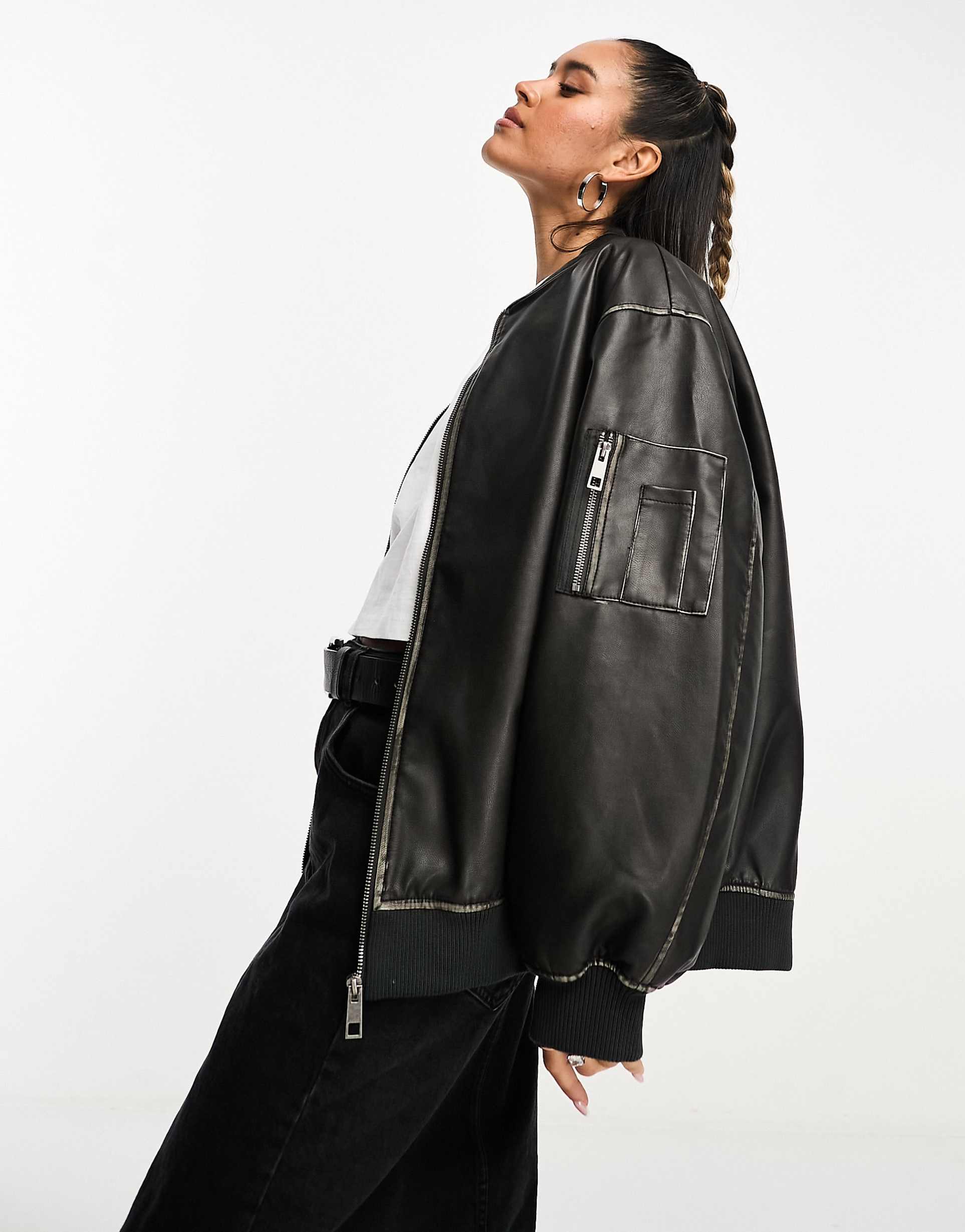 Women's Ribbed Cuffs and Hem Faux Bomber Leather Jacket