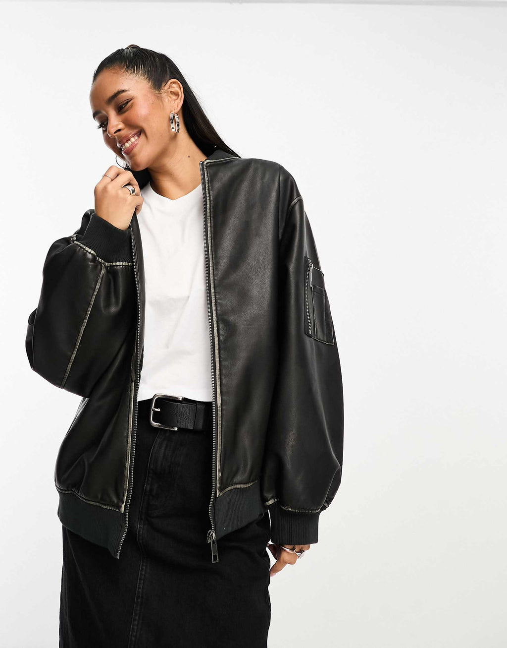 Women's Ribbed Cuffs and Hem Faux Bomber Leather Jacket