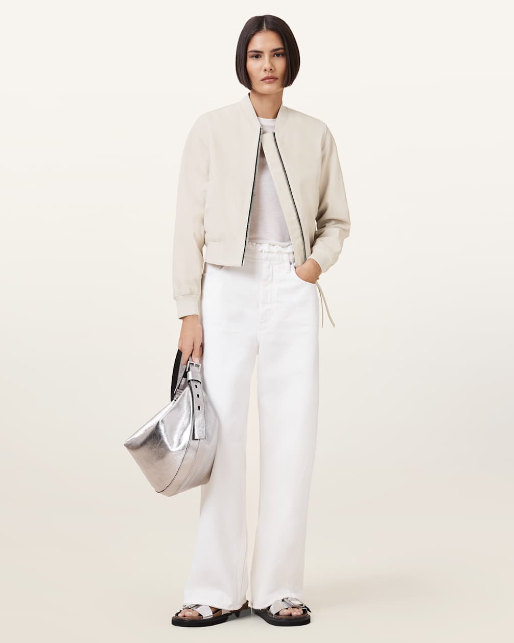 Women's Ribbed Trims Bomber Leather Jacket