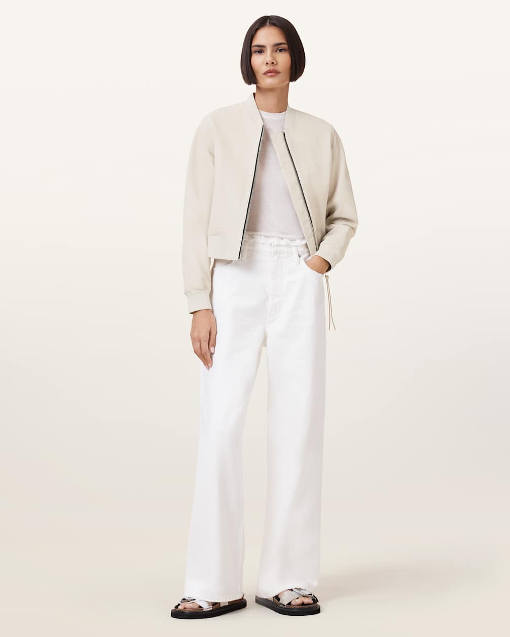 Women's Ribbed Trims Bomber Leather Jacket