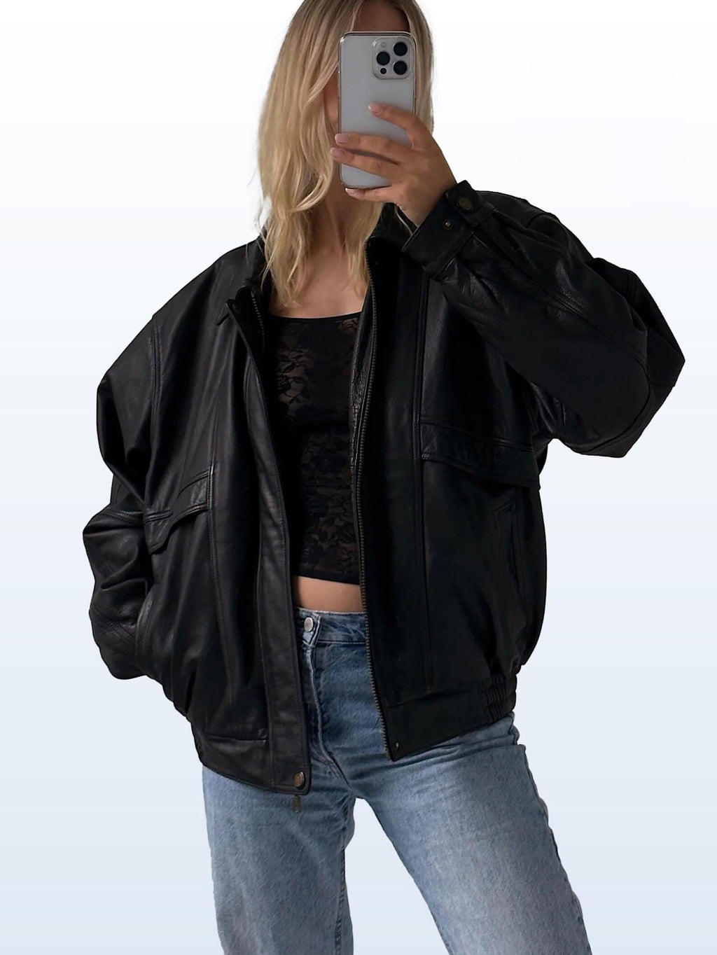 Women's Rich Matte Black Classic Oversized Straight Cut Sheepskin Leather