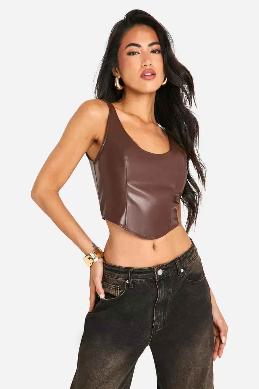 Women's Scoop Seam Detail Corset Leather Top