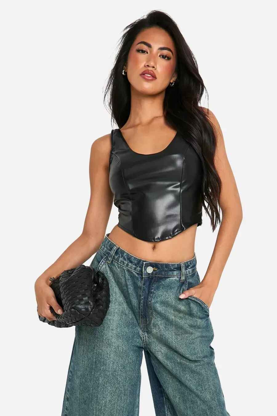 Women's Scoop Seam Detail Corset Leather Top