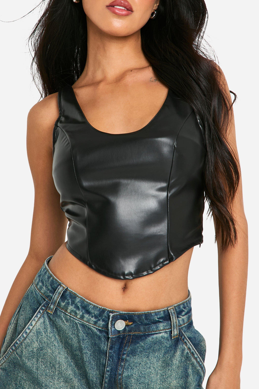 Women's Scoop Seam Detail Corset Leather Top