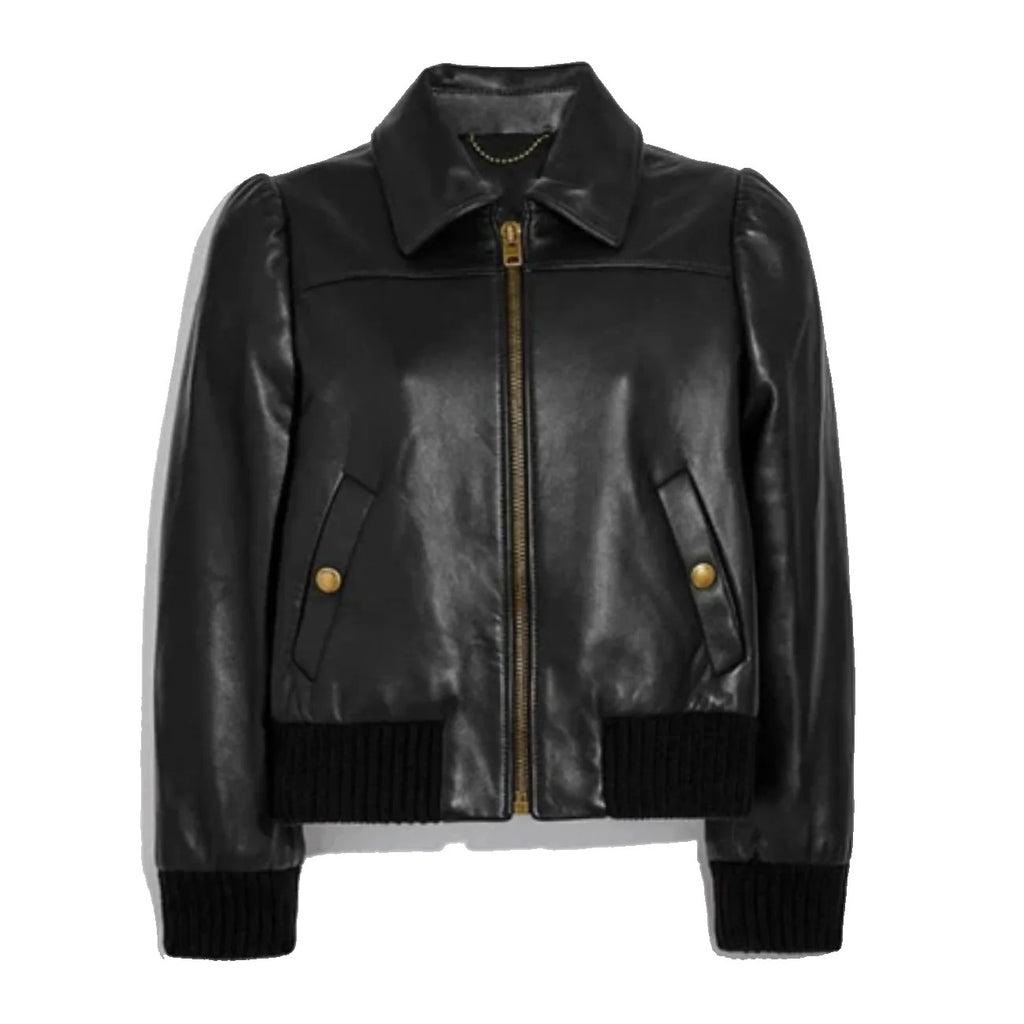 Women's Short Black Aviator Bomber Leather Jacket