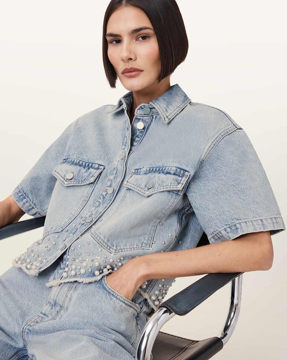 Women's Short Sleeve Cropped Denim Shirt