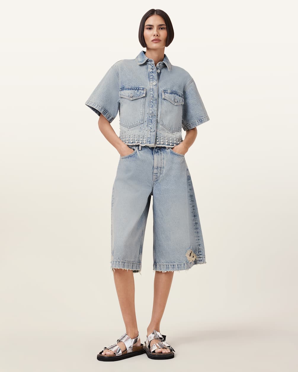 Women's Short Sleeve Cropped Denim Shirt