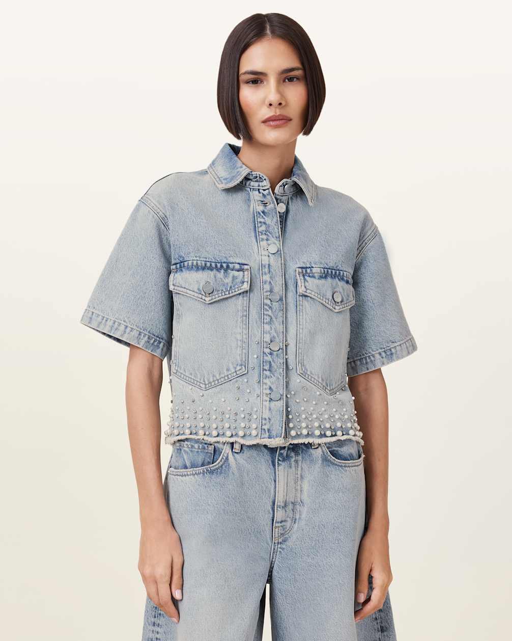 Women's Short Sleeve Cropped Denim Shirt