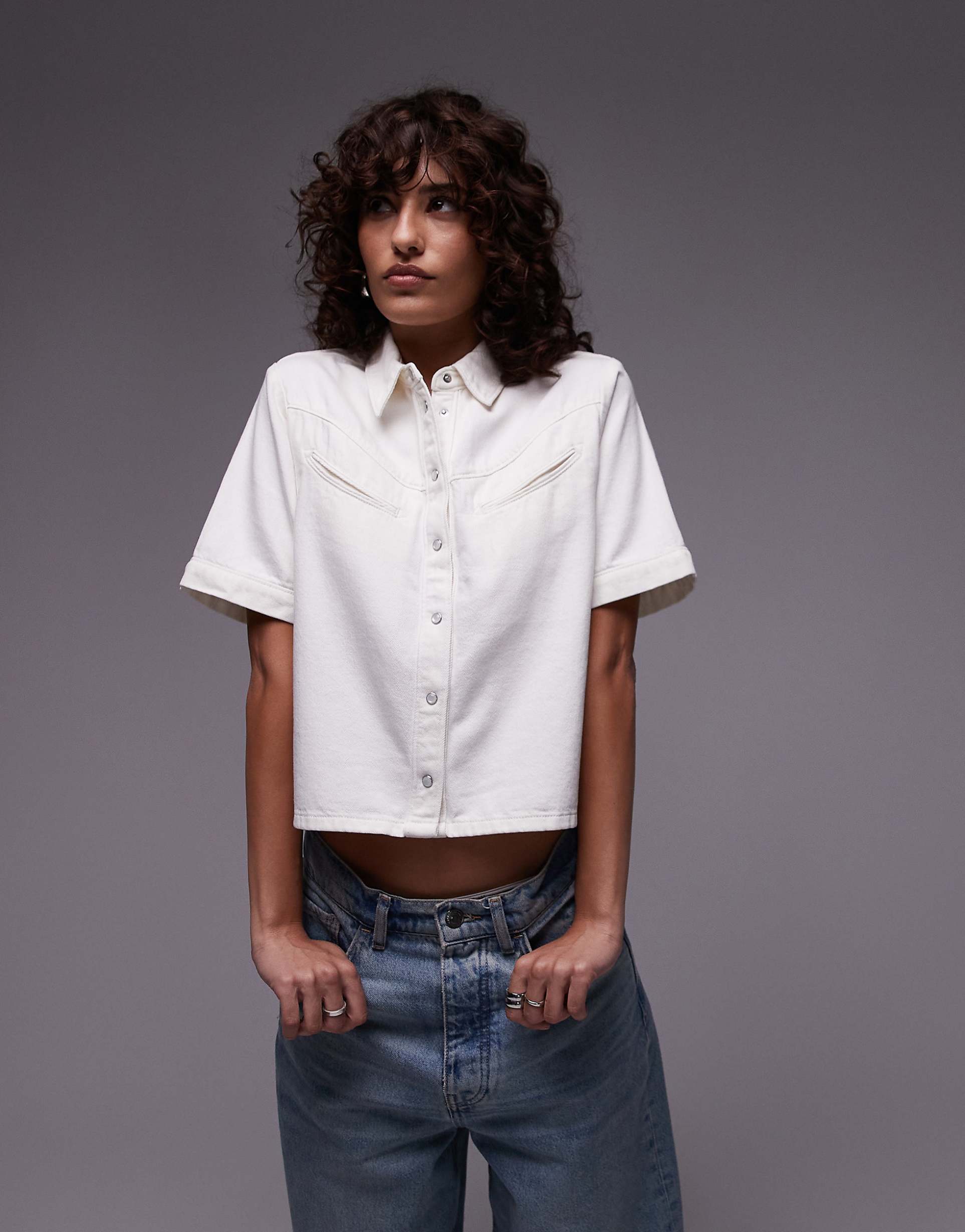 Women's Short Sleeves denim camp shirt