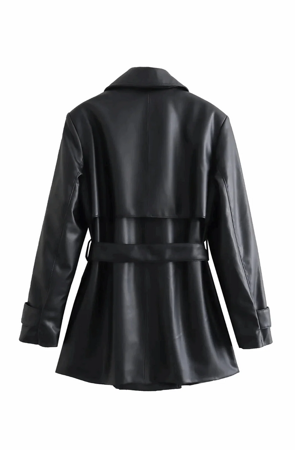 Women's Short black leather trench coat