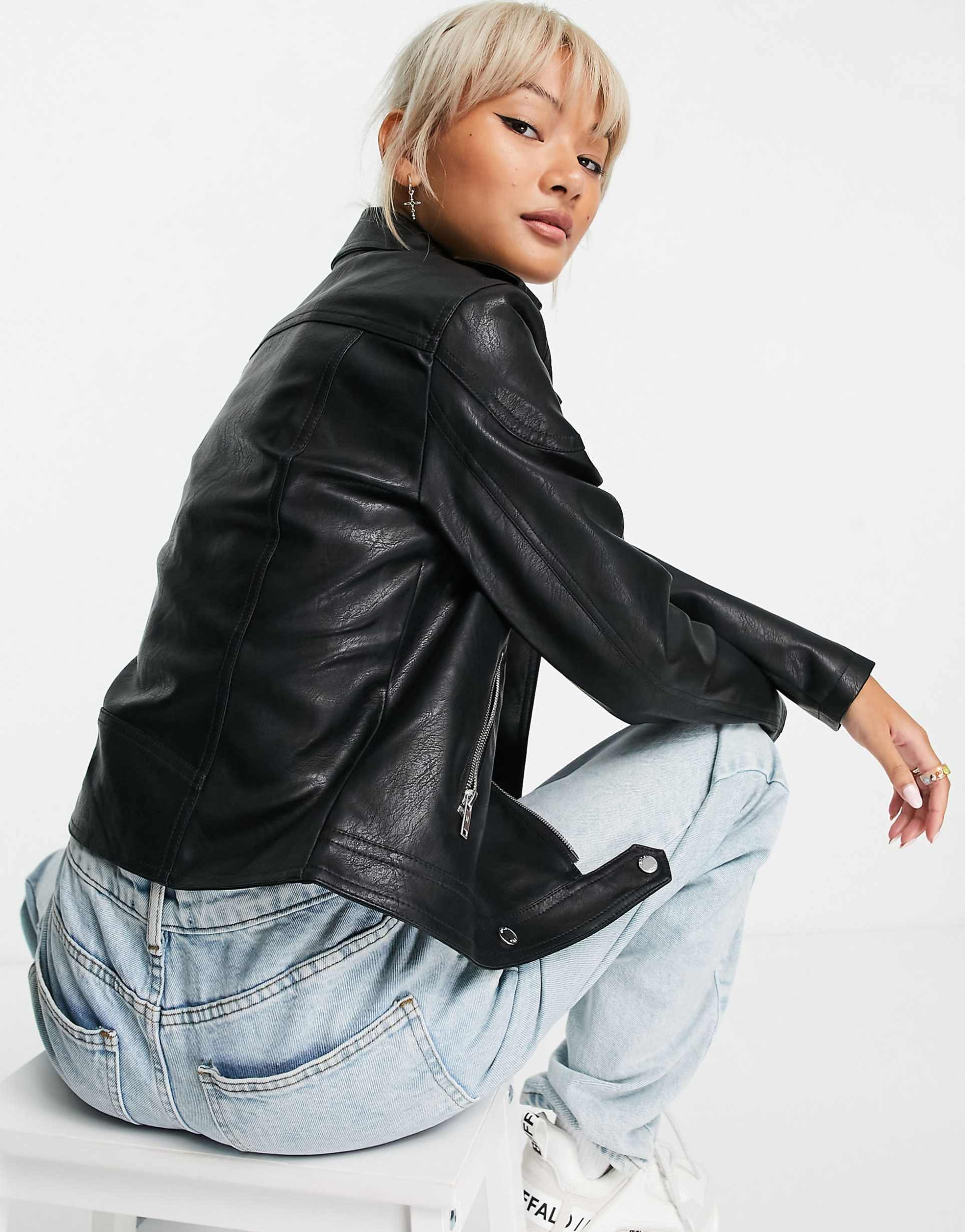 Women's Shoulder Epaulettes faux leather biker jacket