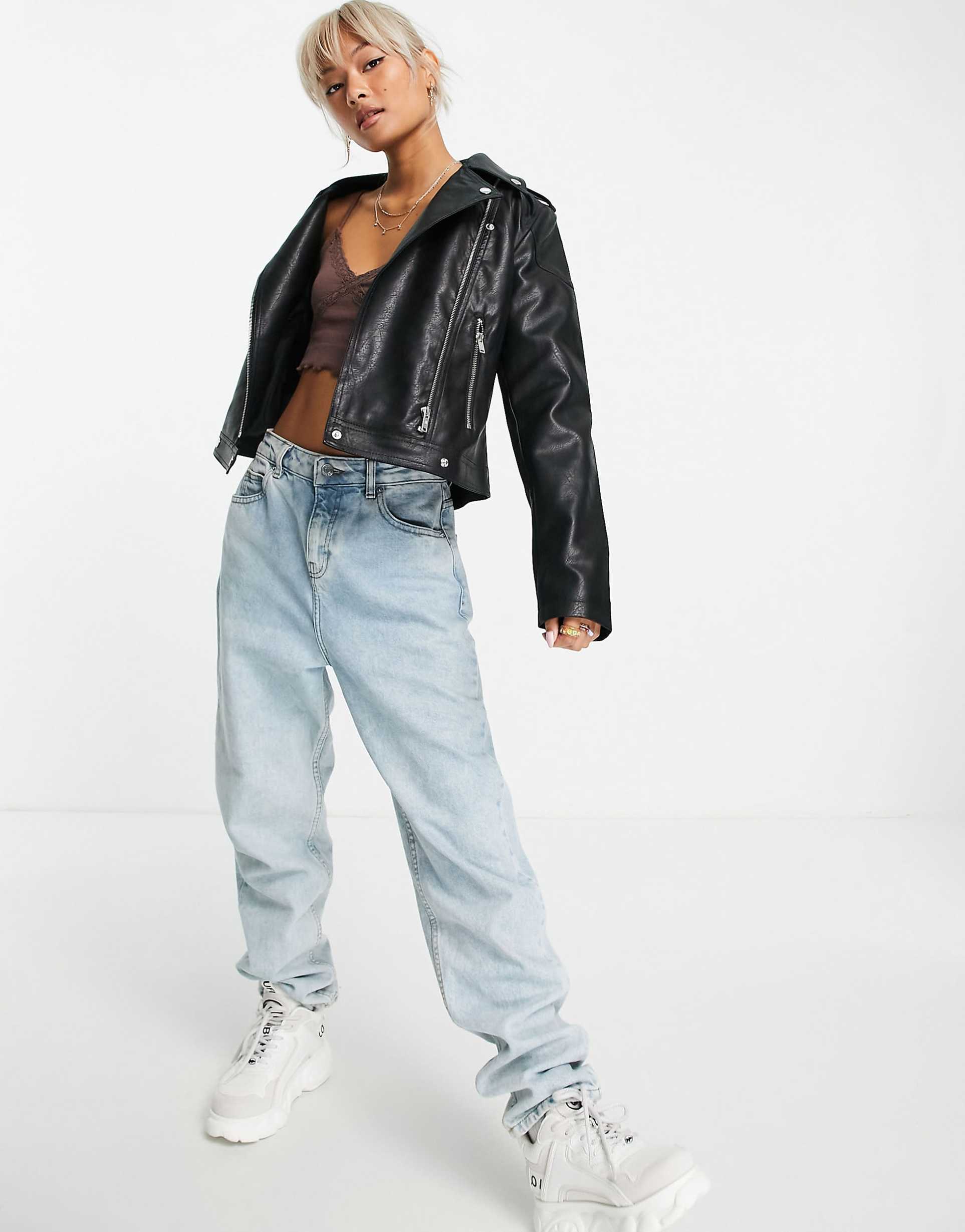 Women's Shoulder Epaulettes faux leather biker jacket