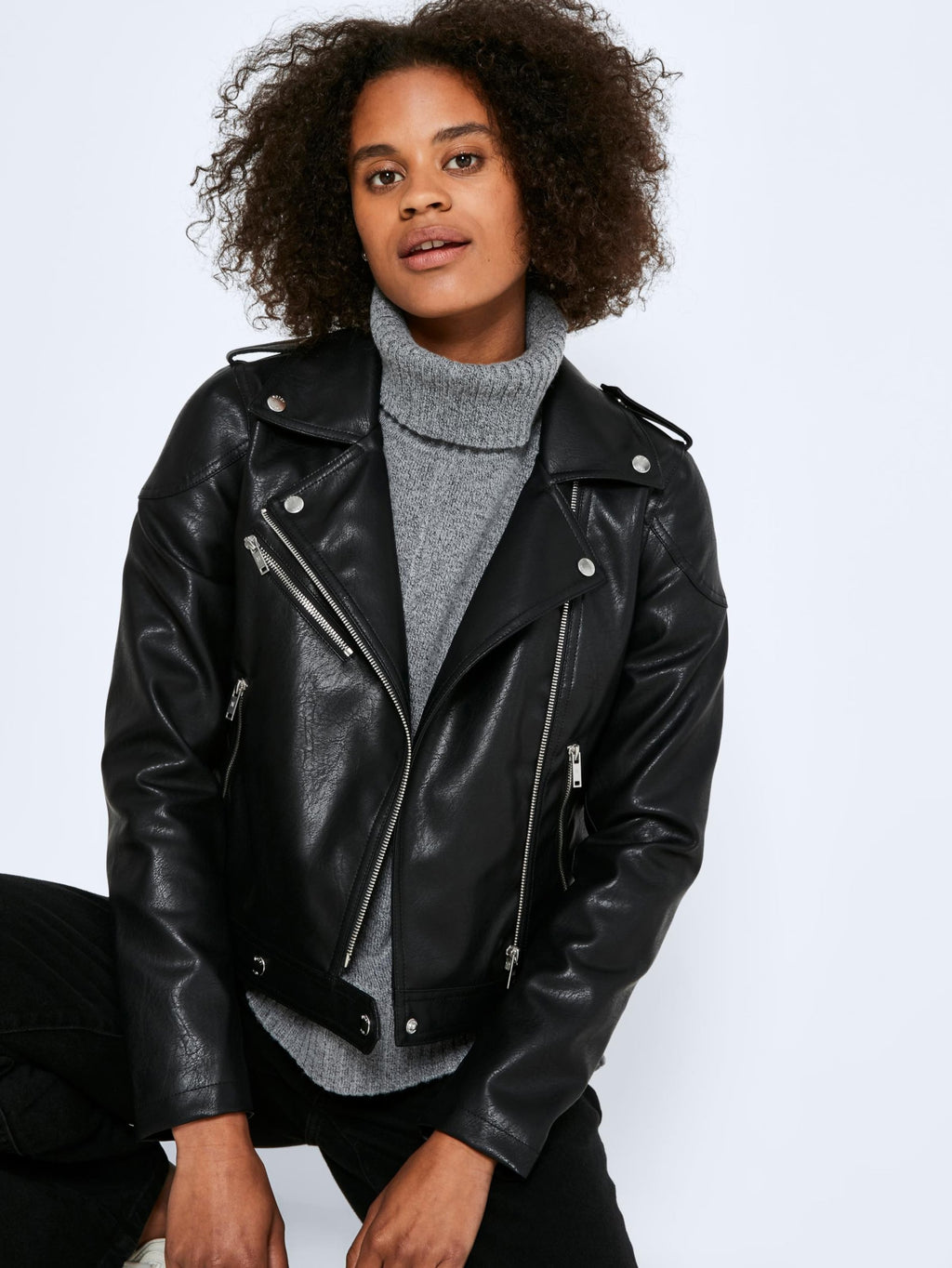 Women's Shoulder Strap Faux Leather Biker Jacket