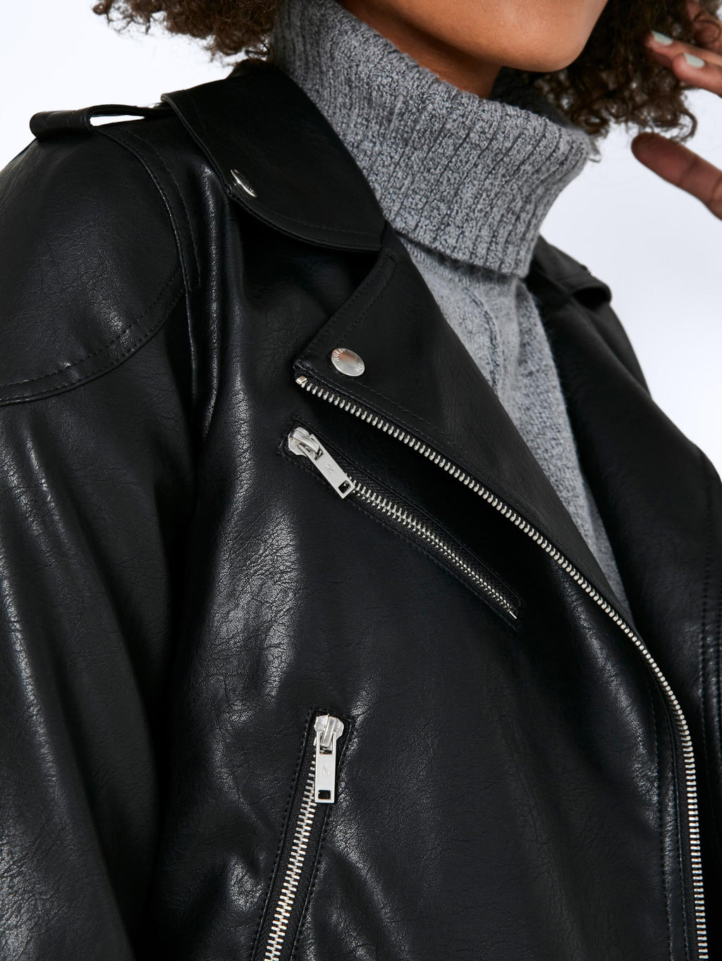 Women's Shoulder Strap Faux Leather Biker Jacket