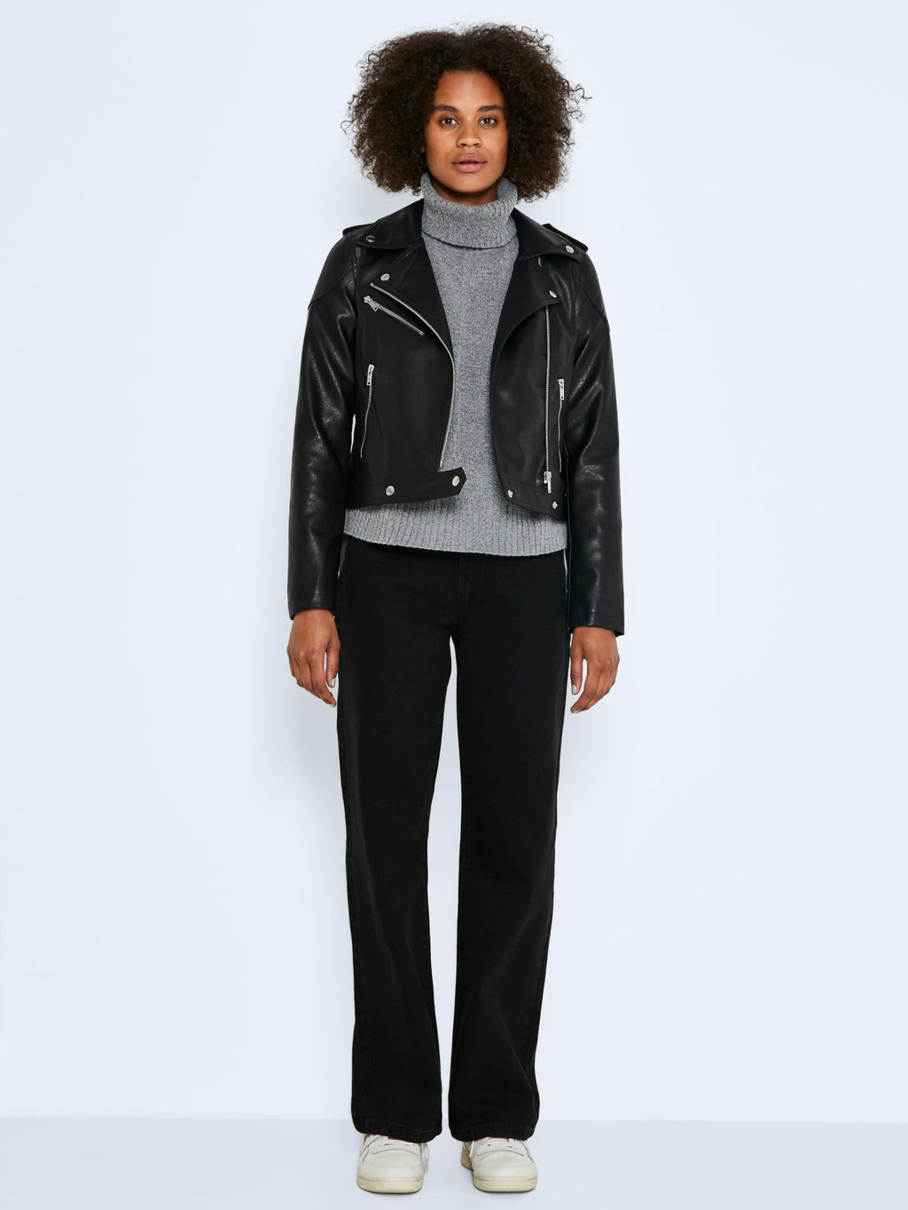 Women's Shoulder Strap Faux Leather Biker Jacket