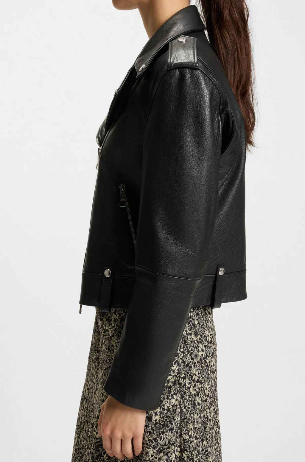 Women's Silver Tone Trims Grained Leather Biker Jacket