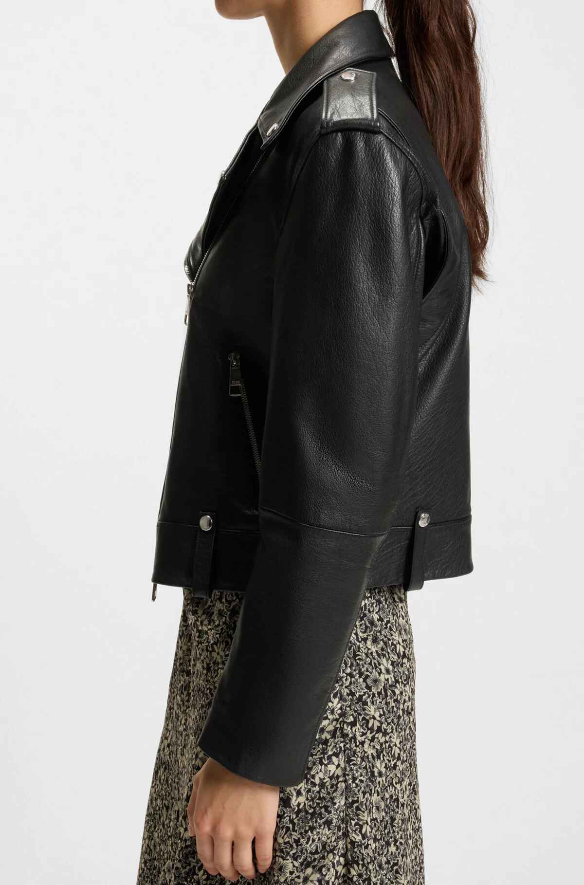 Women's Silver Tone Trims Grained Leather Biker Jacket