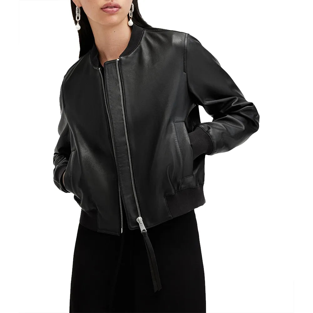 Women's Simple Aviator Black Bomber Leather Jacket