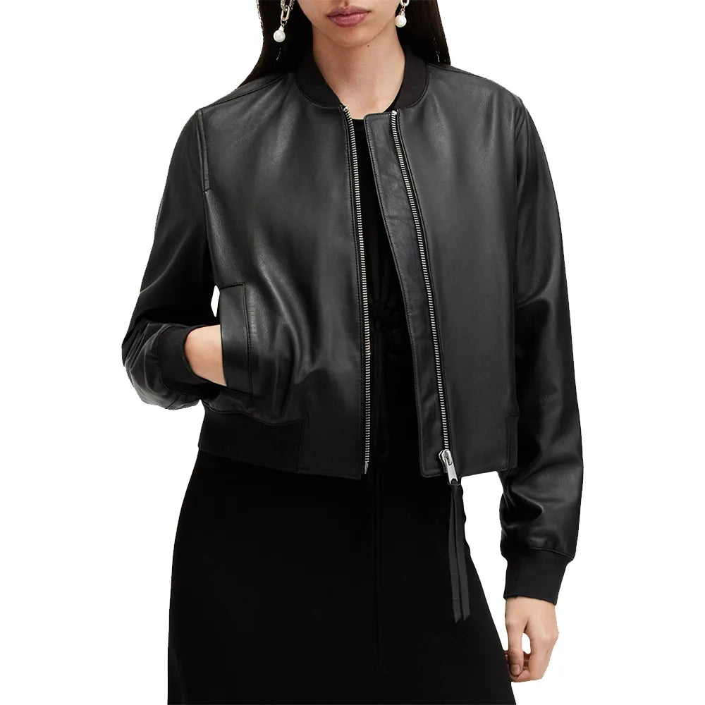 Women's Simple Aviator Black Bomber Leather Jacket