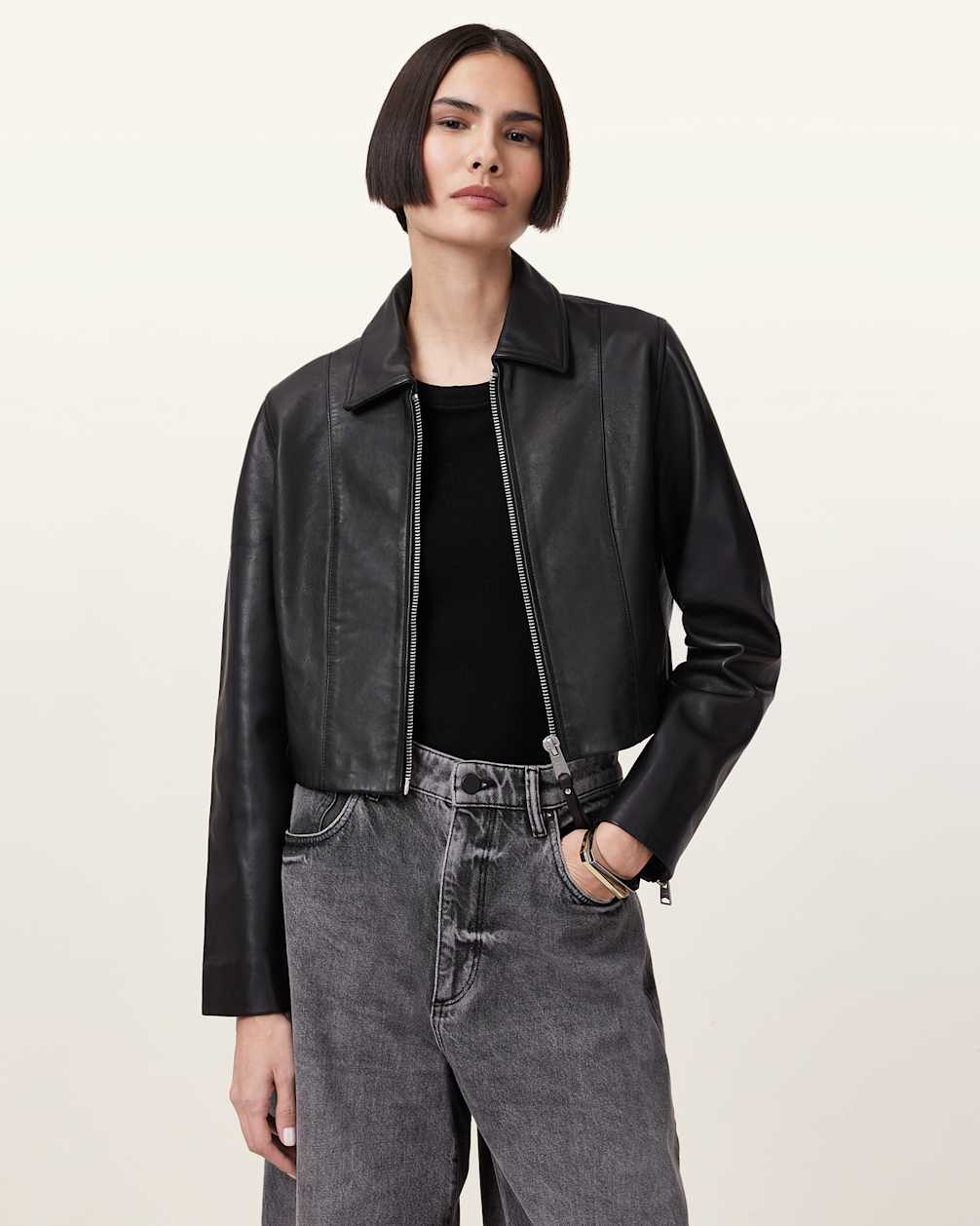 Women's Simple Black Leather Jacket Slim Fit