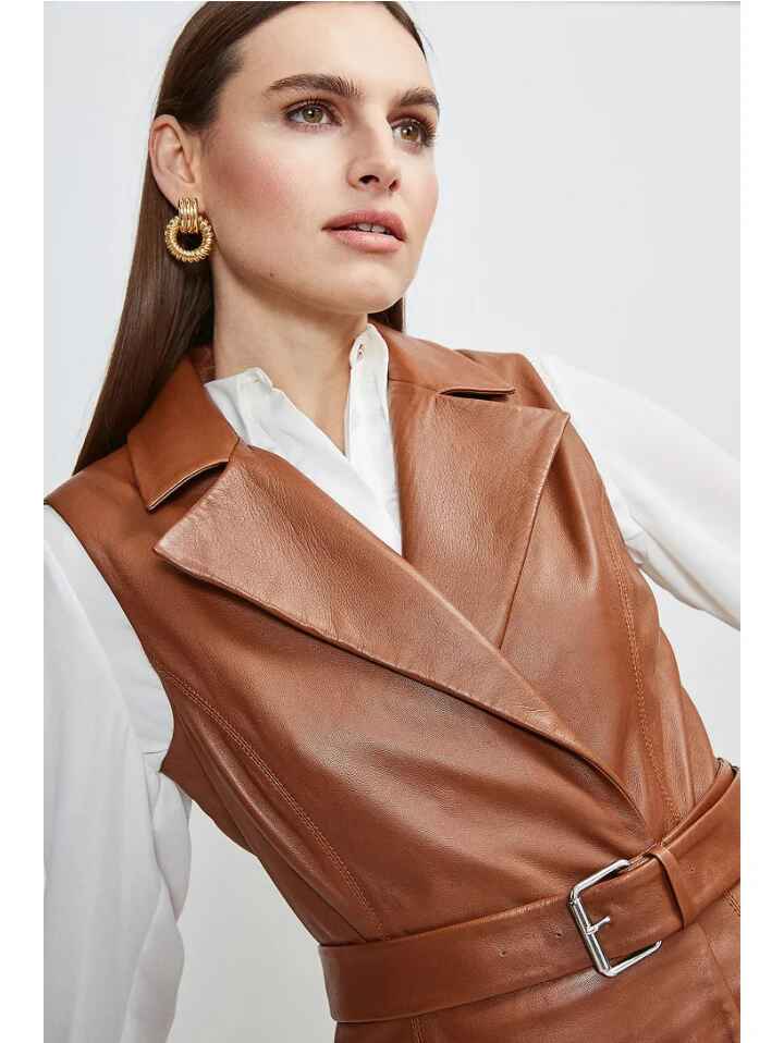 Women’s Sleeveless Tan Brown Leather Trench Coat