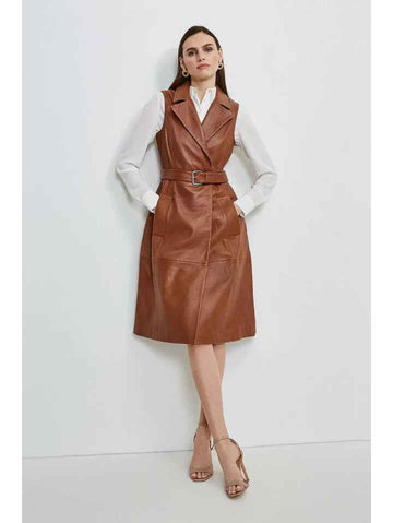 Women’s Sleeveless Tan Brown Leather Trench Coat