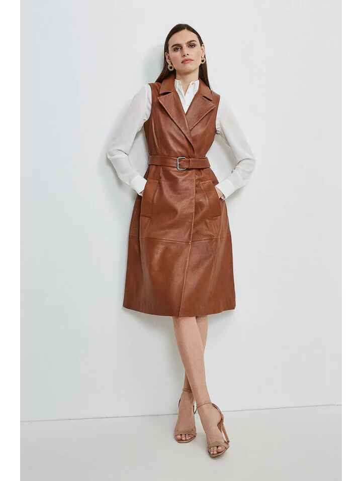 Women’s Sleeveless Tan Brown Leather Trench Coat
