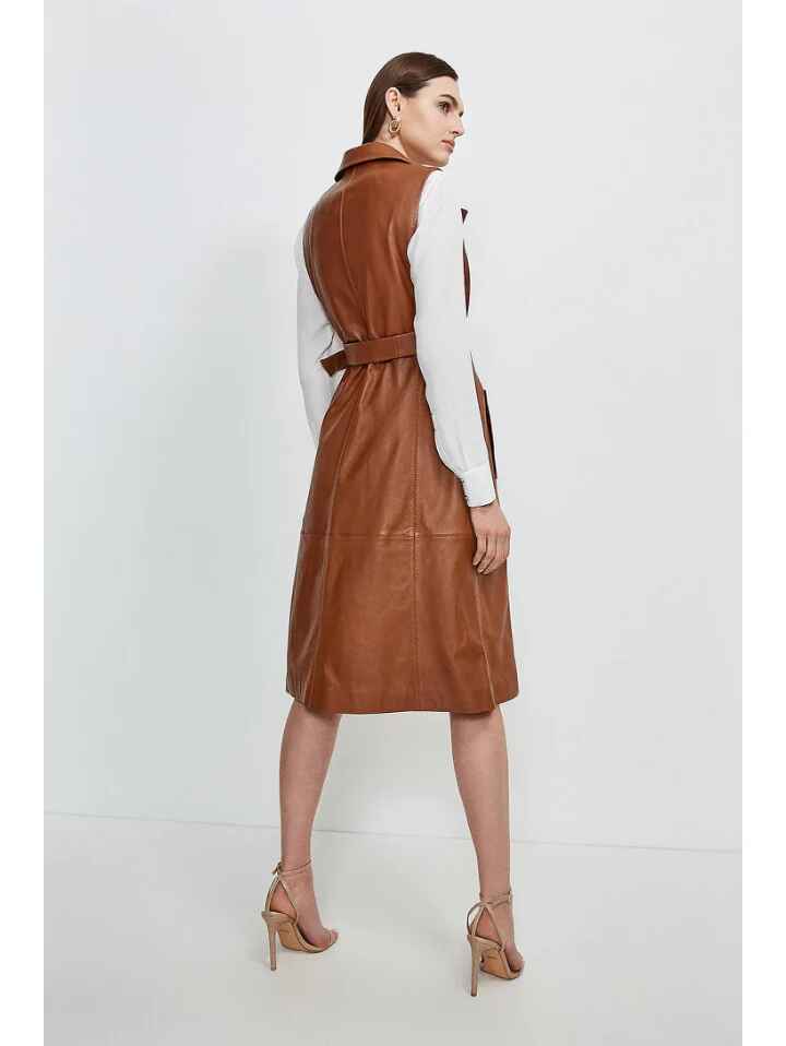Women’s Sleeveless Tan Brown Leather Trench Coat