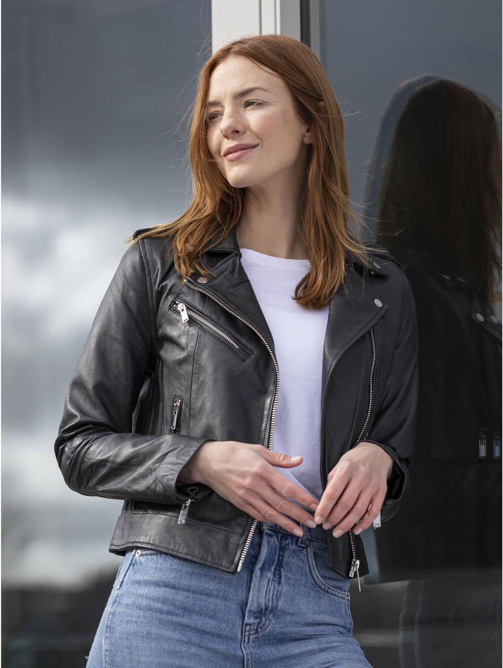 Women's Slim Fit Zipped Cuff Leather Biker Jacket