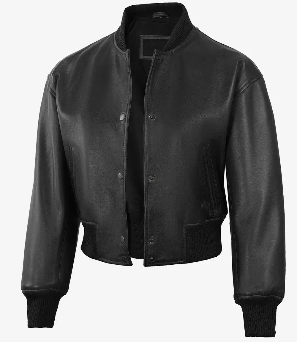 Women's Snap Button Cropped Aviator Bomber Leather Jacket