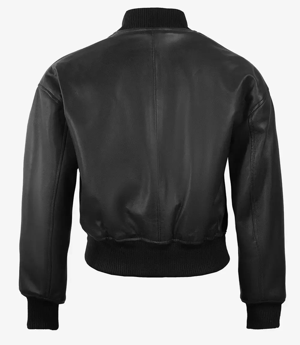 Women's Snap Button Cropped Aviator Bomber Leather Jacket
