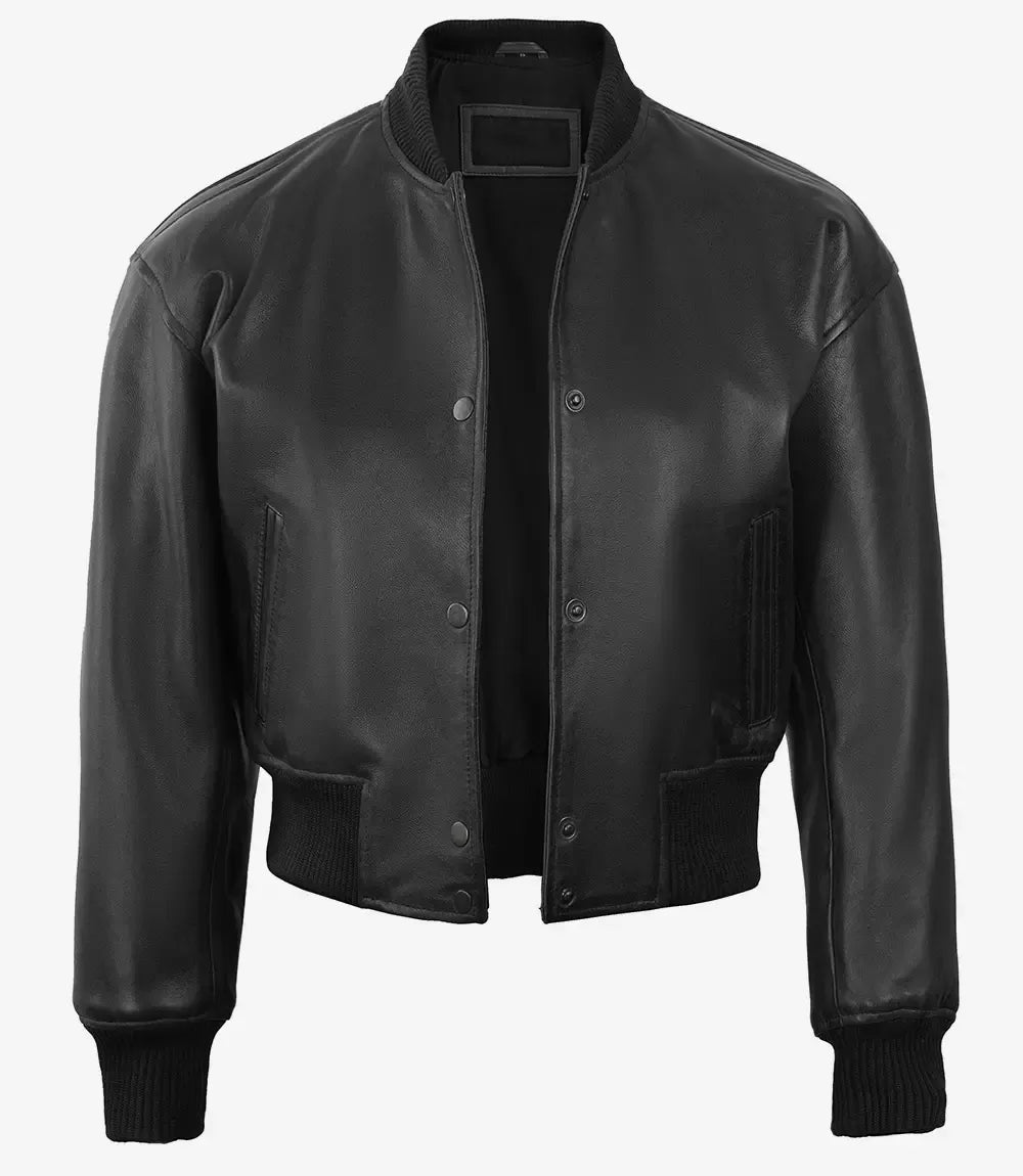 Women's Snap Button Cropped Aviator Bomber Leather Jacket