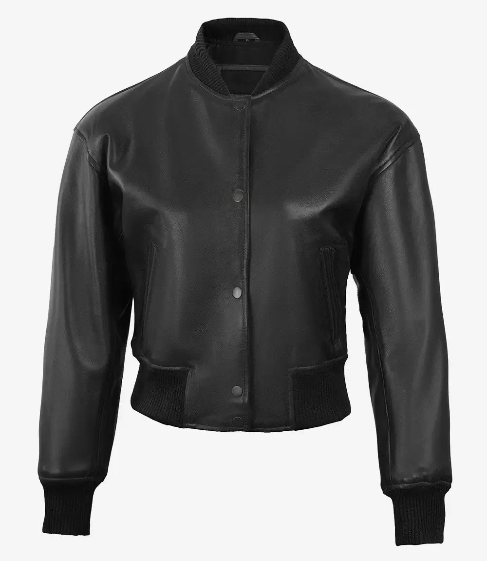 Women's Snap Button Cropped Aviator Bomber Leather Jacket
