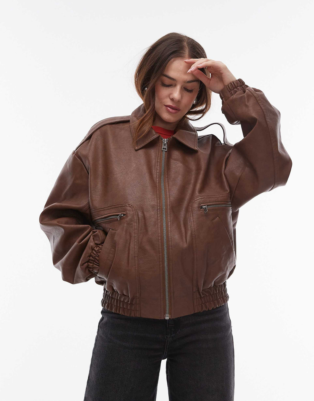 Women's Spread Collar Faux Leather Oversized Bomber Jacket