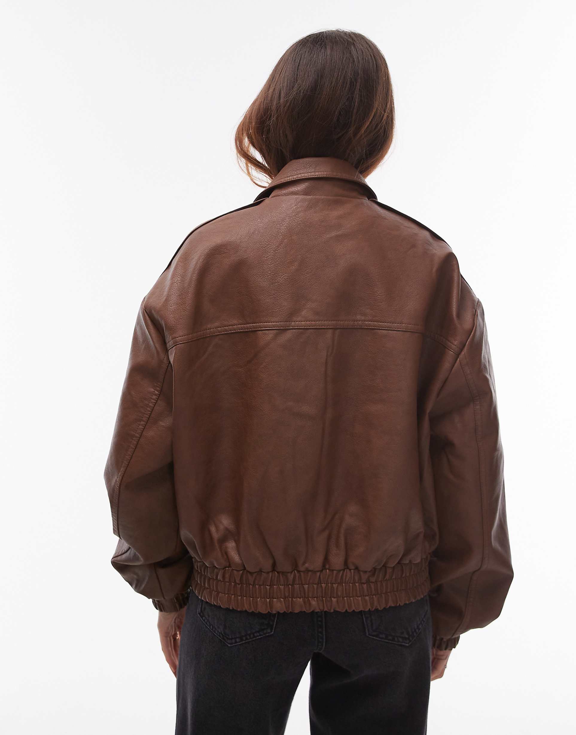 Women's Spread Collar Faux Leather Oversized Bomber Jacket