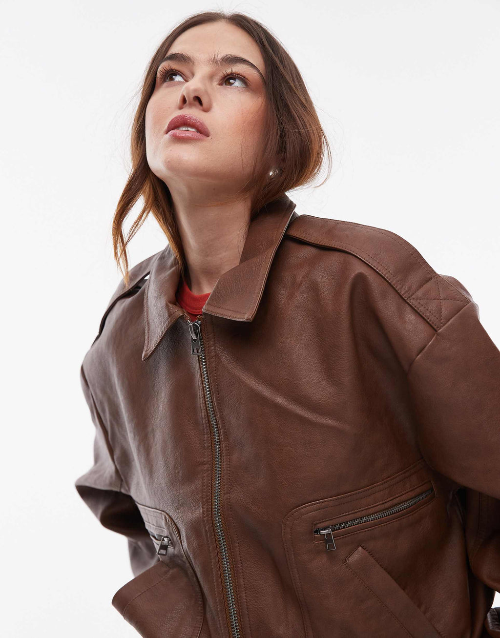 Women's Spread Collar Faux Leather Oversized Bomber Jacket
