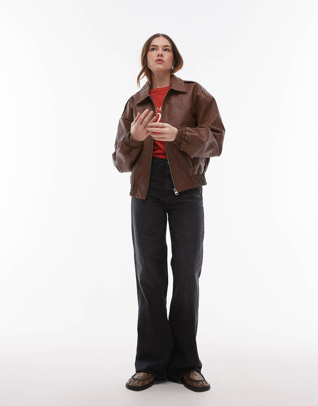 Women's Spread Collar Faux Leather Oversized Bomber Jacket