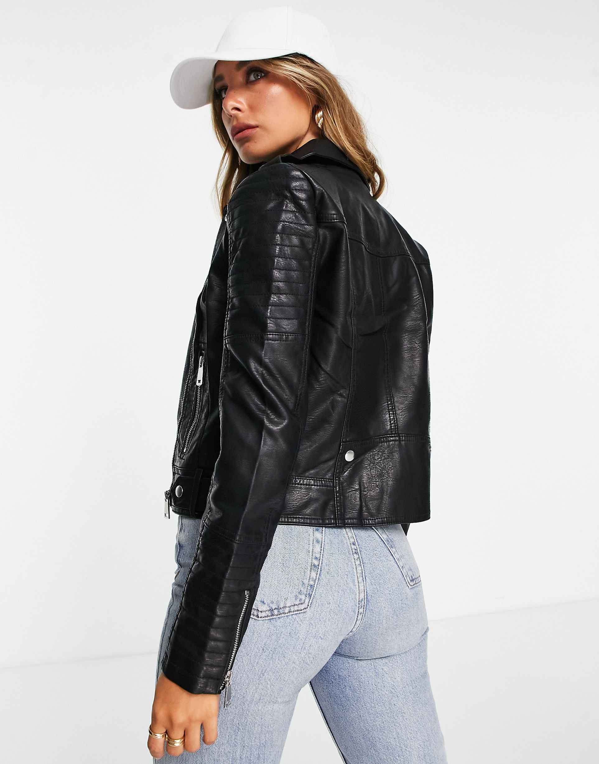 Women's Studded Notch Lapels Faux Leather Biker Jacket