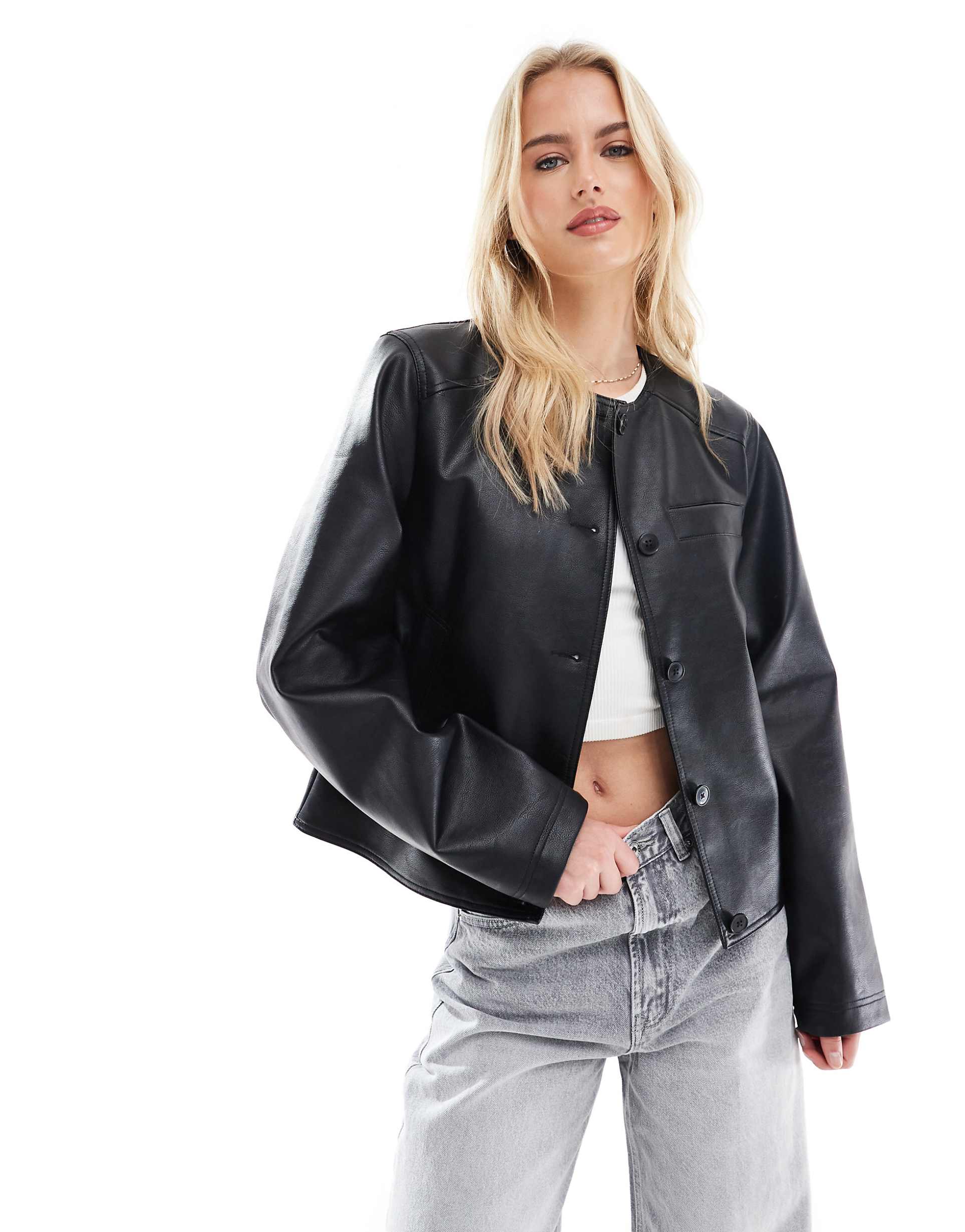 Women's Tall Collarless Clean Leather Jacket