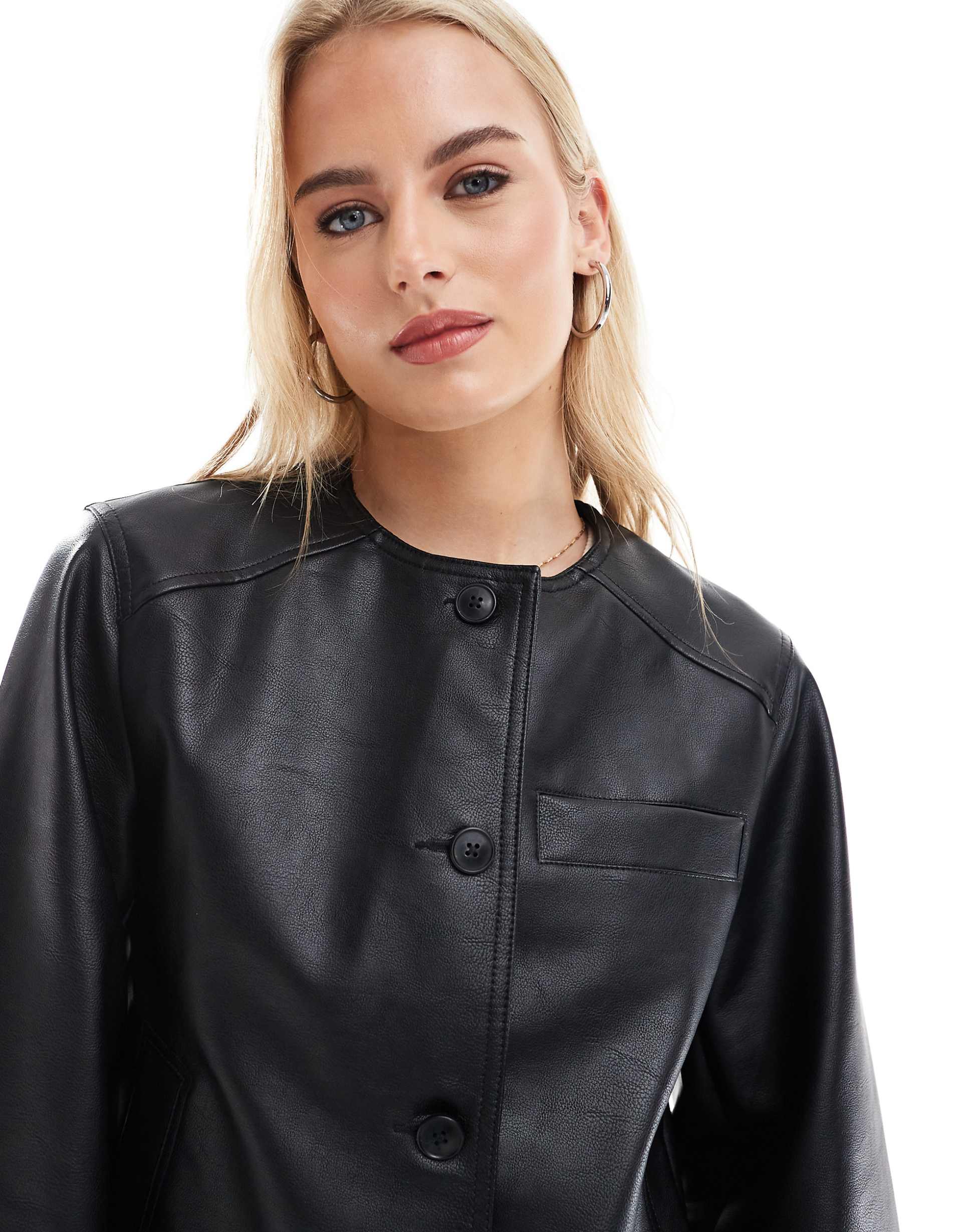 Women's Tall Collarless Clean Leather Jacket