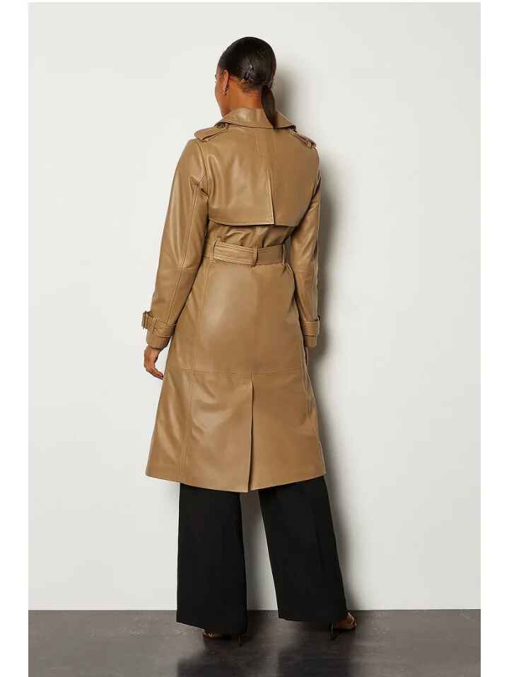 Women’s Tan Beige Belted Button Closure Sheepskin Leather Trench Coat