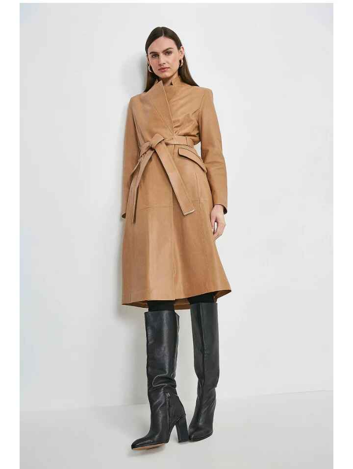 Women’s Tan Beige Belted Two Pocket Sheepskin Leather Trench Coat