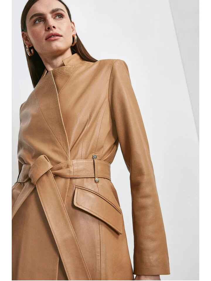 Women’s Tan Beige Belted Two Pocket Sheepskin Leather Trench Coat