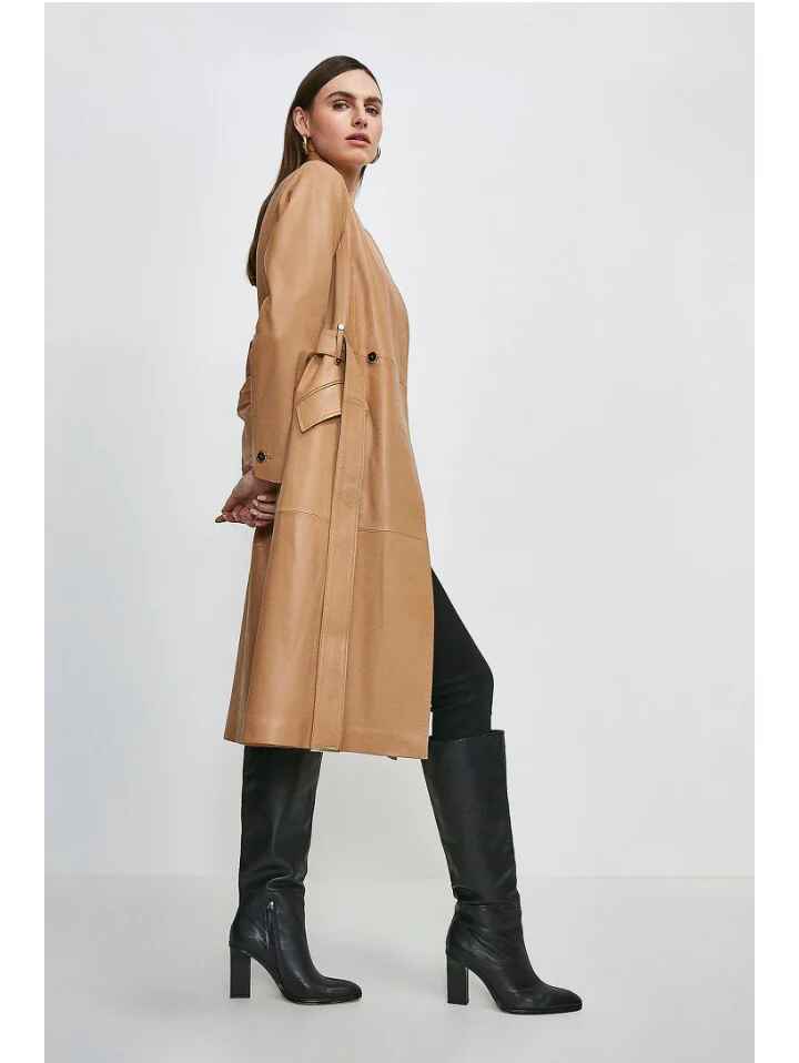 Women’s Tan Beige Belted Two Pocket Sheepskin Leather Trench Coat