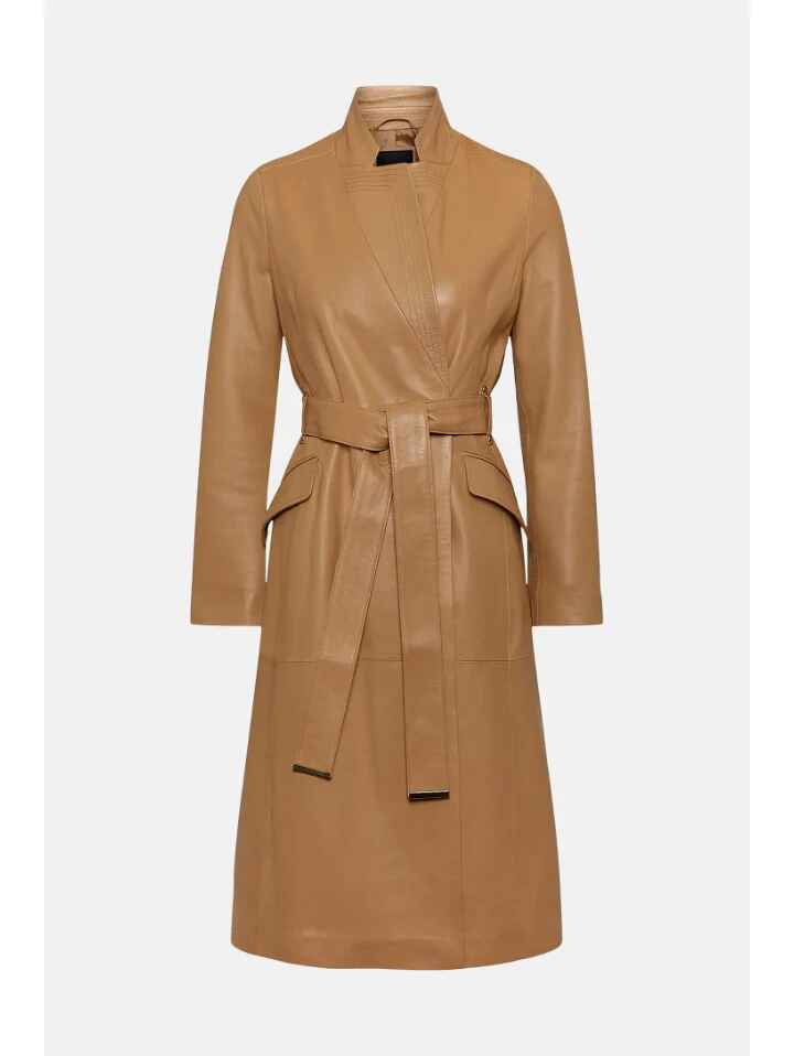 Women’s Tan Beige Belted Two Pocket Sheepskin Leather Trench Coat