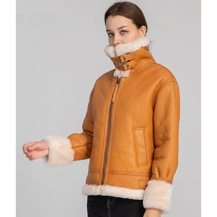 Women's Tan Brown B3 Bomber Leather Shearling Fur Flight Jacket
