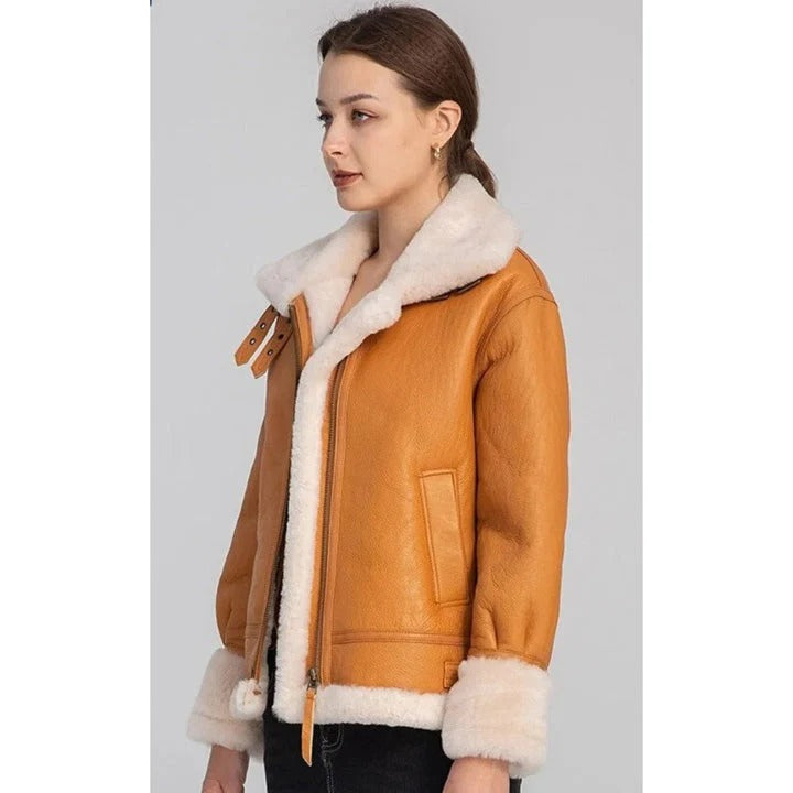 Women's Tan Brown B3 Bomber Leather Shearling Fur Flight Jacket